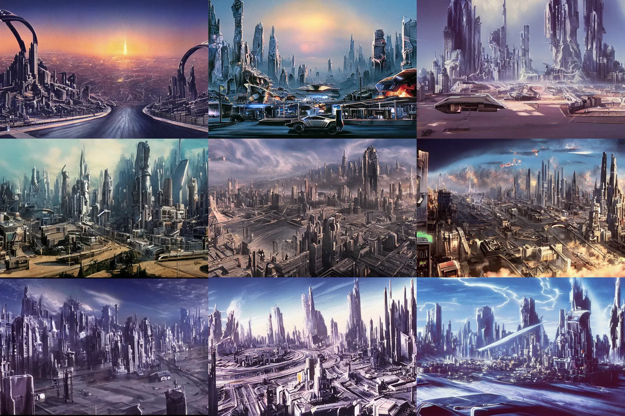 Prompt: the futuristic city from back to the future 2, beautiful matte painting