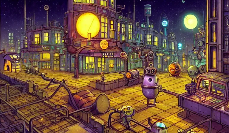 Image similar to fantasycore street view of 1950s machinarium cityscape at night by michael whelan and naomi okubo and dan mumford. cute 1950s robots. cel-shaded. glossy painting.