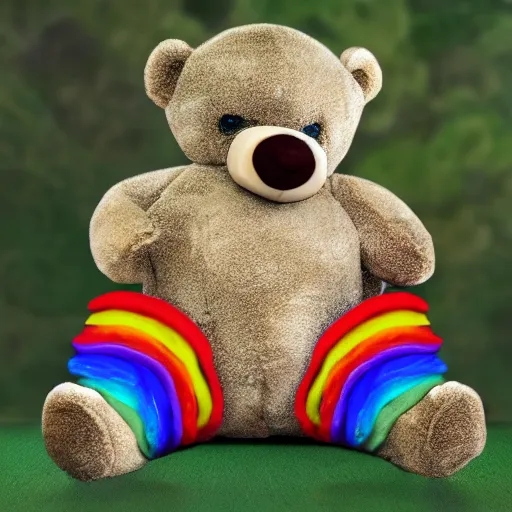 Prompt: teddy bear vomiting rainbow, photorealistic