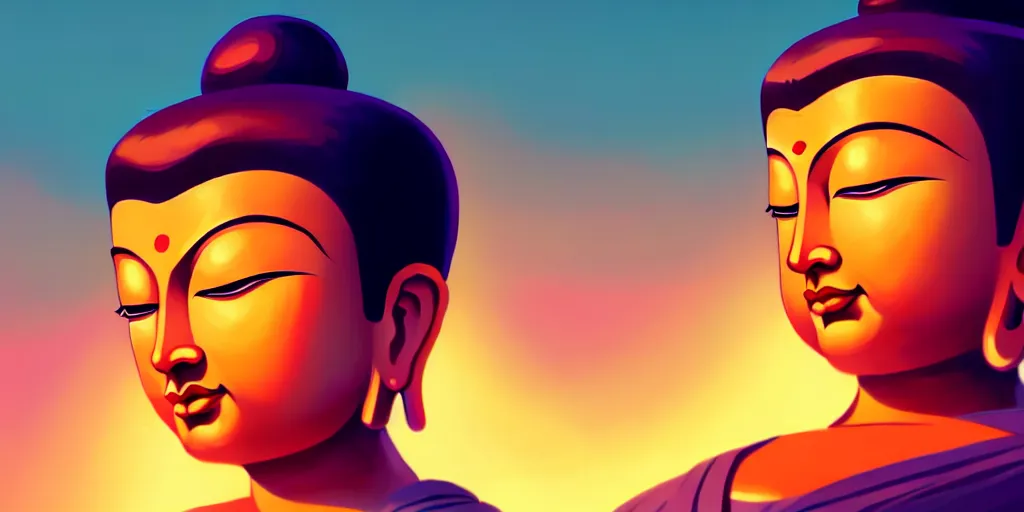 Image similar to low angle portrait of Buddha, tepainting concept Blizzard pixar maya engine on stylized background splash comics global illumination lighting artstation lois van baarle, ilya kuvshinov, rossdraws