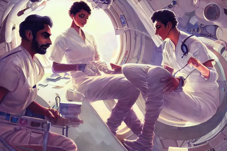 Image similar to Exhausted good looking pale young Indian doctors wearing jeans in a space station above Earth performing surgery, portrait, elegant, intricate, retrofuturistic digital painting, artstation, concept art, smooth, sharp focus, illustration, art by artgerm and greg rutkowski and alphonse mucha