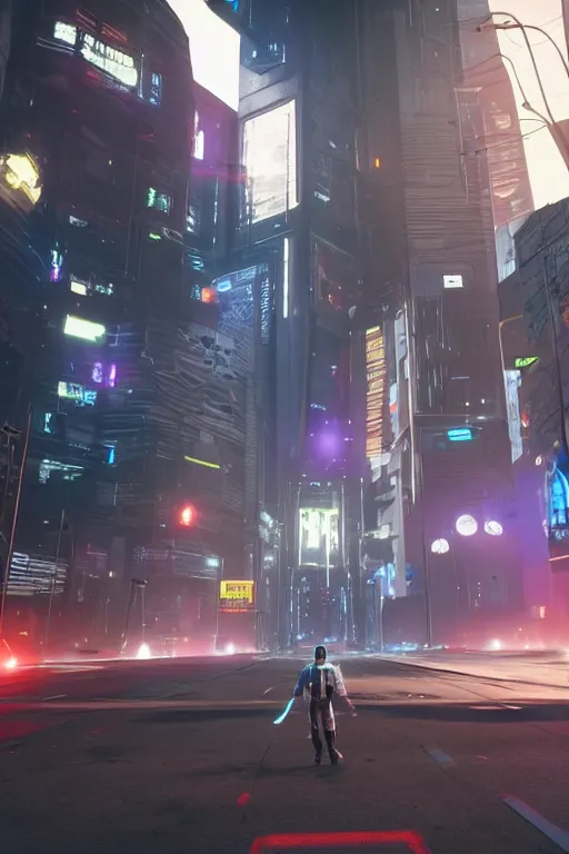 Prompt: an alien spaceship abducting someone in the middle of the street, cyberpunk futuristic 8 0 s, detailed, unreal engine 5