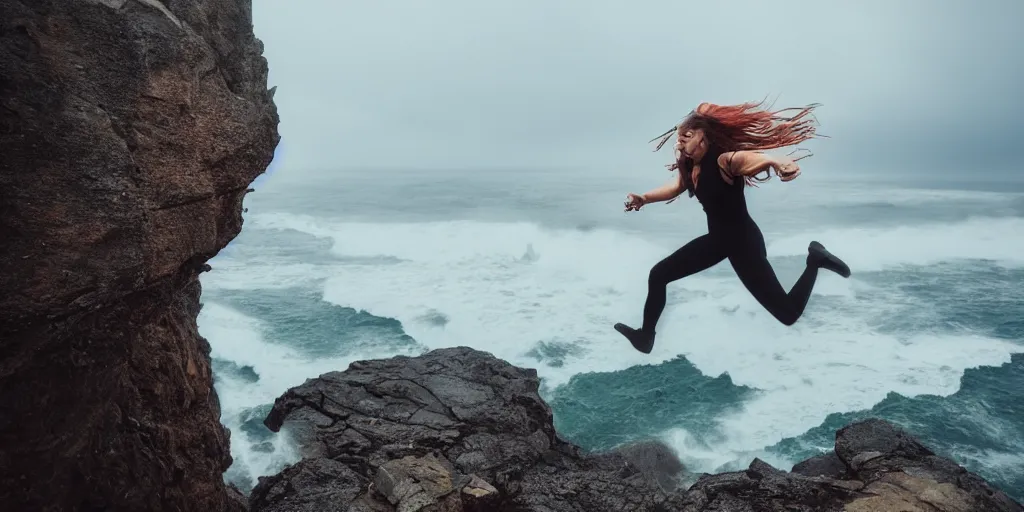 Prompt: catgirl jumping through a precipice on the coast up high, waves shattering on the rock, dramatic atmosphere, gloomy rainy weather, cinematic