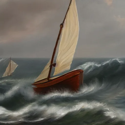 Prompt: wooden boat with sails in stormy sea with dart weider, oil painting, 4 k
