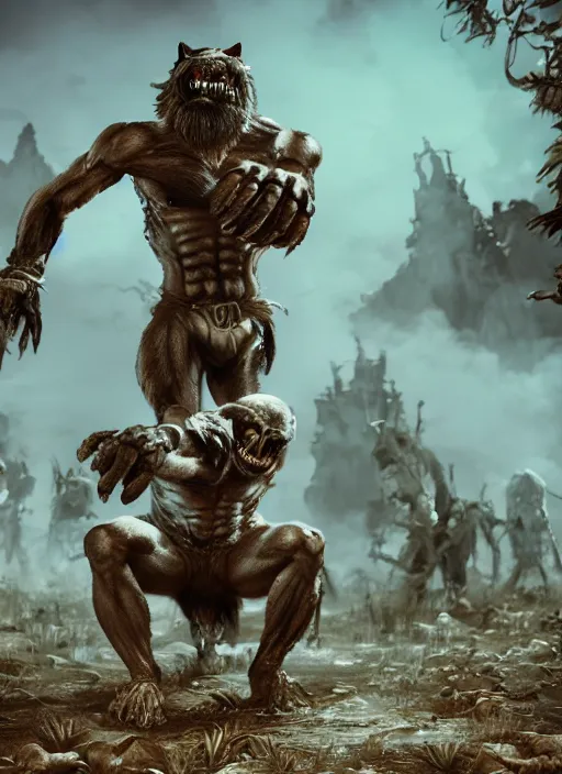 Image similar to a muscular werewolf fighting an endless army of skeletons, ultra - detailed fantasy, realistic, dnd, behance hd, artstation, ray tracing hdr render in unreal engine 5