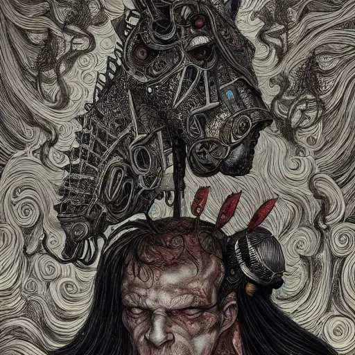 Prompt: horsemen of the apocalypse painted in jacek yerka aykut aydogdu and leslie zhang style drawn by vania zouravliov and takato yamamoto, inspired by cyberpunk, intricate acrylic gouache painting, high detail, sharp high detail, artstation, manga and anime