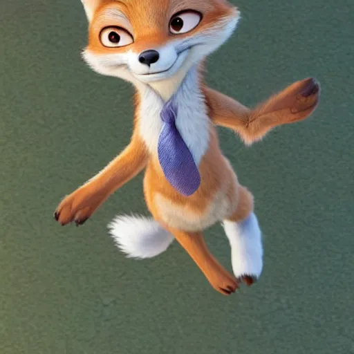 Image similar to full body shot of a anthropomorphic female fox with short white fur covering her body in the style of zootopia, far shot, top down view, 1 0 feet from the carma