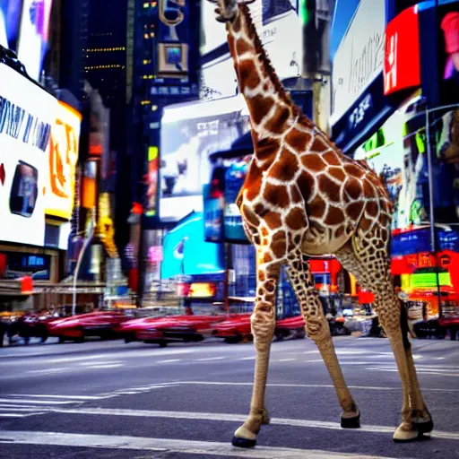 Prompt: a still of a giraffe stand in the intersection at times square. motion blur