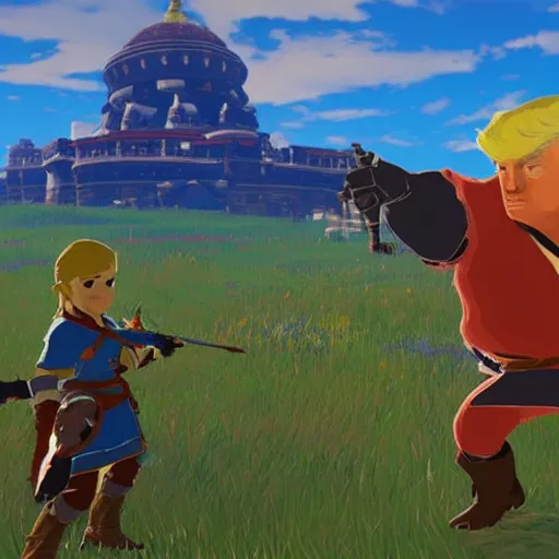 Image similar to in-game-screenshot of Donald Trump boss fight in Breath of the Wild