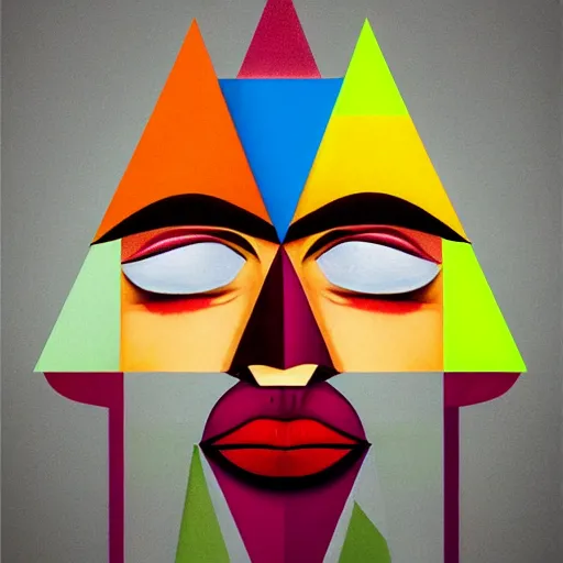 Prompt: A human face in 5 colorful triangles in the style of Bauhaus