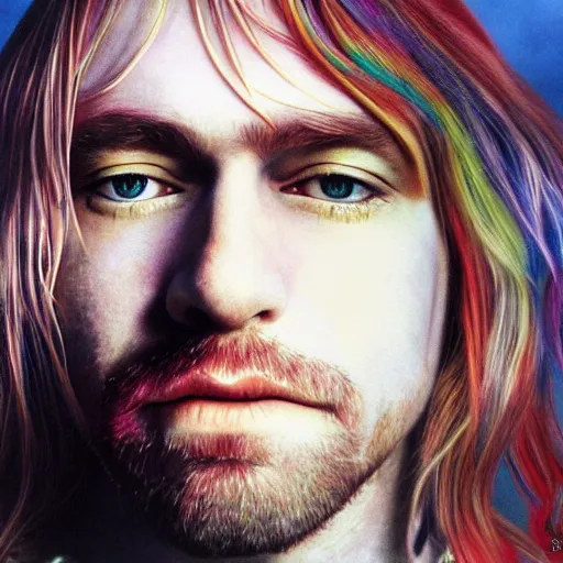 Prompt: colour masterpiece surreal closeup portrait photography of kurt cobain by miho hirano and annie leibovitz and michael cheval, smoke background, 8 k