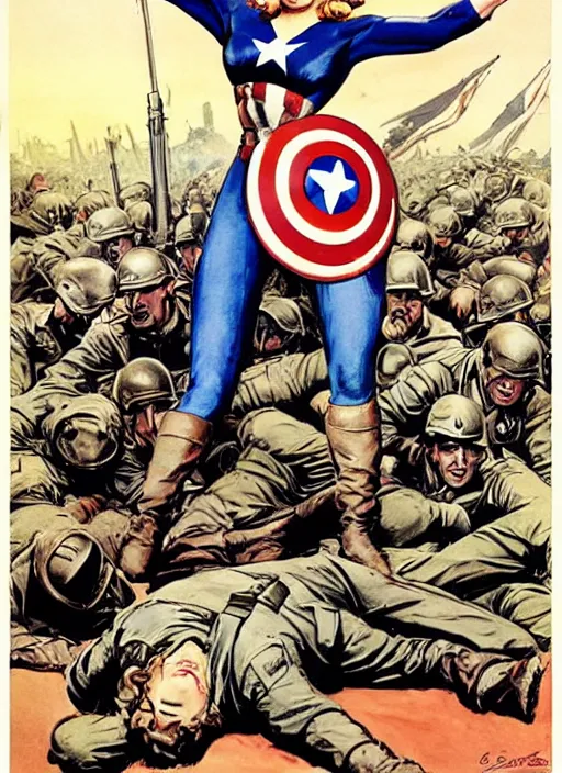 Image similar to female captain america standing on a pile of defeated german soldiers. female captain america wins wwii. american wwii propaganda poster by james gurney. ve day