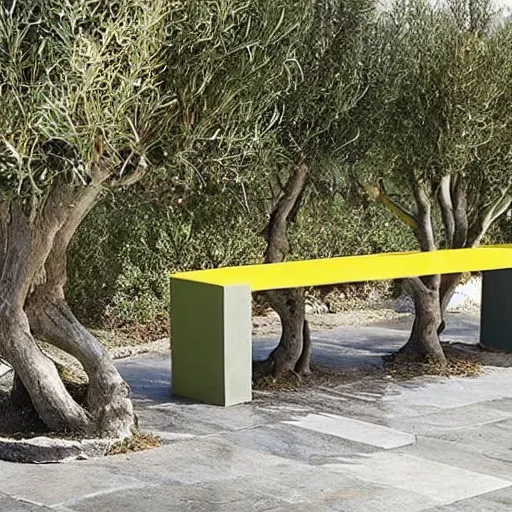 Image similar to creative concrete benches, colorful, olive trees