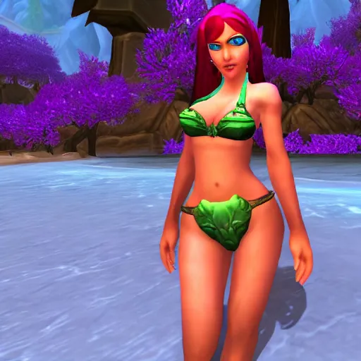 Image similar to pretty girl in a bikini inside of the world of warcraft