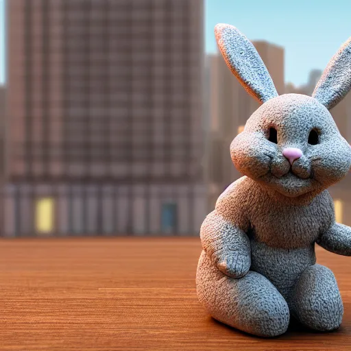 Image similar to a clay sculpture of a funny bunny, in the style of michelangelo, new york city background, hyper realistic, 3 d render