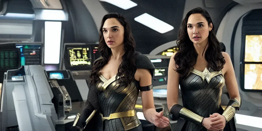 Image similar to gal gadot, in full starfleet uniform, is the captain of the starship enterprise in the new star trek movie