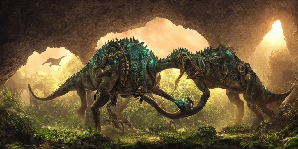 Image similar to magnificent mechanical steampunk dinosaur looking eerily into a cave entrance with lush vegetation and mystical (((glowing algae))) in the sunset, light coming through from holes in the ceiling, desaturated, creepy ambiance, dangerous, sharp focus, highly detailed, artgerm