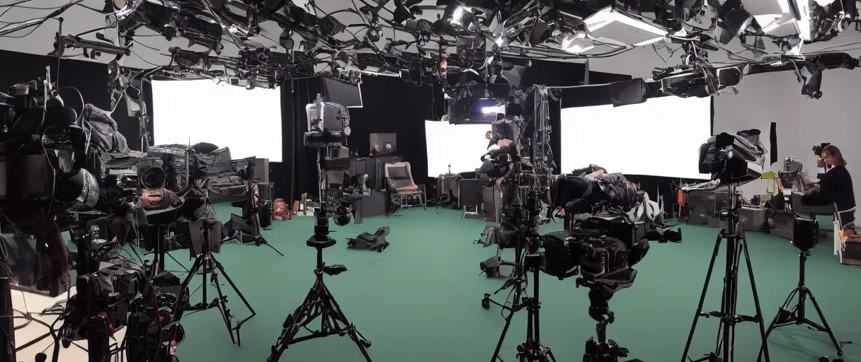 Image similar to photo of a movie set, green screen in the back, cameras and camera operators in the front, studio, movie set, realistic, studio lighting