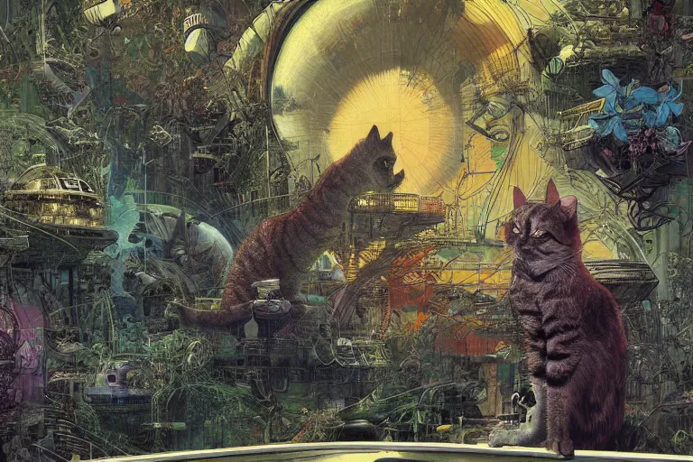 Image similar to gigantic futuristic cat floating in the space, a lot of exotic plants, trees, flowers, vintage sci - fi, newspaper grainy colors, flat surreal grainy design, super - detailed, painting by enki bilal and moebius, hd, 4 k, high quality