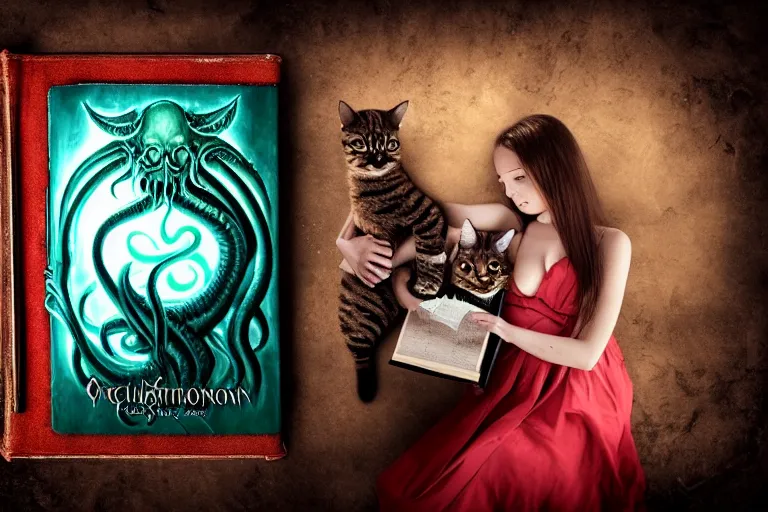 Image similar to romantic photo of bright girl, her cat and her book of necronomicon, symmetrical, cinematic, real dlsr photography, sharp focus, 4 k, ultra hd, sense of awe, sinister demonic atmosphere, dreadful, forbidden knowledge, old gods, cthulhu, yog - sothoth! yah, yah, yah! cultist journal cover