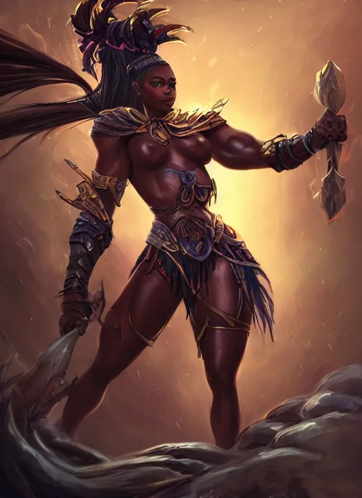 Image similar to a highly detailed illustration of an amazon heroine berserker african god of lightning, muscular, thunderous sky background, intricate, elegant, highly detailed, centered, digital painting, artstation, concept art, smooth, sharp focus, league of legends concept art, WLOP