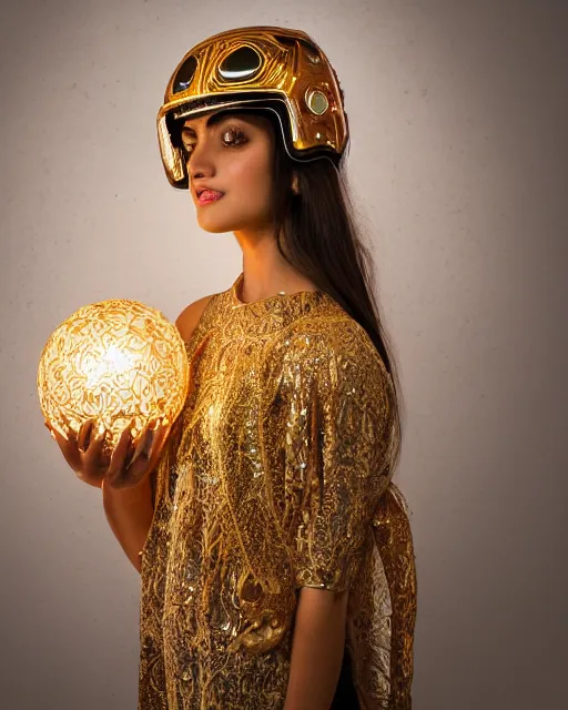 Prompt: centered medium shot fine studio photograph of a beautiful persian girl wearing a persian solarpunk electronic helmet with led lights decorated with golden ornaments, ultra-realistic, white background, 8k HDR dusk light, intricate detail