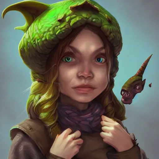 Image similar to Cute Goblin Cleric Girl with large expressive eyes and a scarf, hatched ear, green skin, highly detailed, by Luke Pearson, Cornelia Geppert, artgerm, digital illustration, comic style, concept art