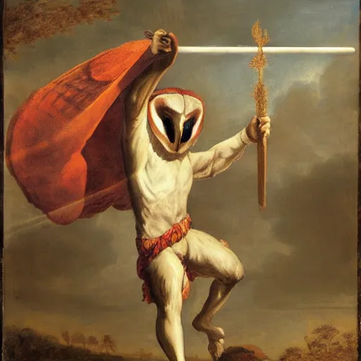 Prompt: humanoid barn owl wearing a roman toga and holding a javelin