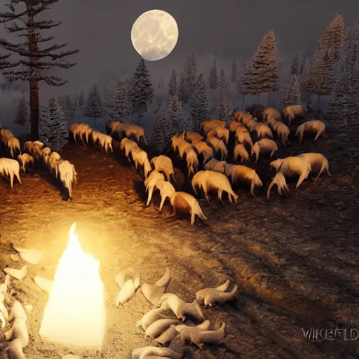 Image similar to the slaughtering of 1 0 0 0 pigs by horrible viking men dressed in wolves clothing. in wintertime. in the moonlight. hyper realistic 8 k render.