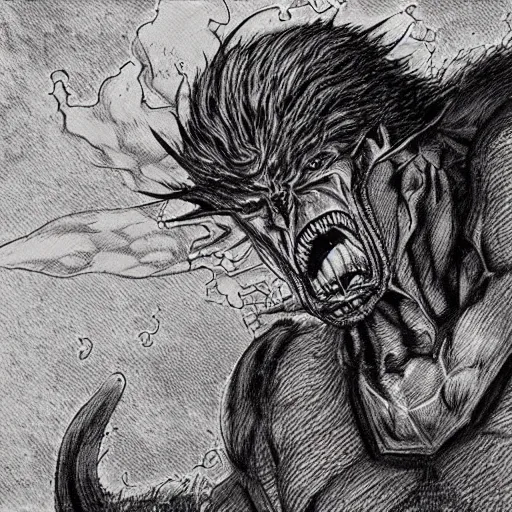 Image similar to a stunning illustration by kentaro miura of a frightening beast