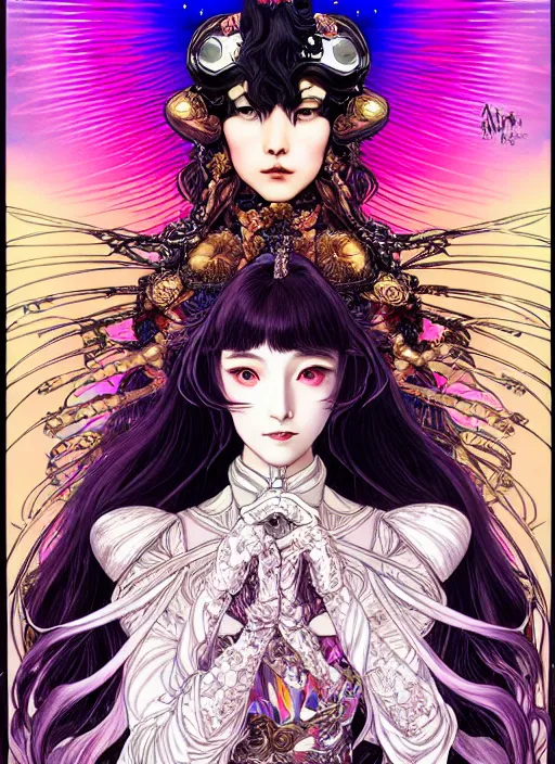 Prompt: highly detailed artgerm terada katsuya artstation ayami kojima manga poster of princess mechine, rainbow gradient reflection, long hair, armor, dress, laces, ruffles, 8 k, maximalist,, jump comics, tomer hanuka, alphonse mucha