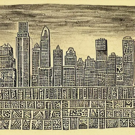 Image similar to aztec drawings of new york's skyline, mexico, 5 0 0 ad