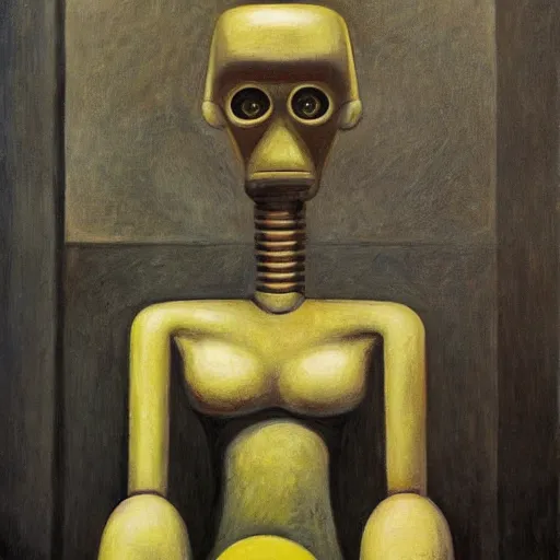 Prompt: brutalist giant unfeeling robot bishop visage, portrait, atrium, rotunda, dystopian, pj crook, edward hopper, oil on canvas