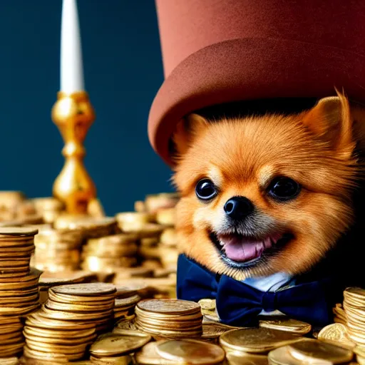 Prompt: a tan pomeranian wearing a top - hat and monocle and sitting on large pile of featureless gold coins