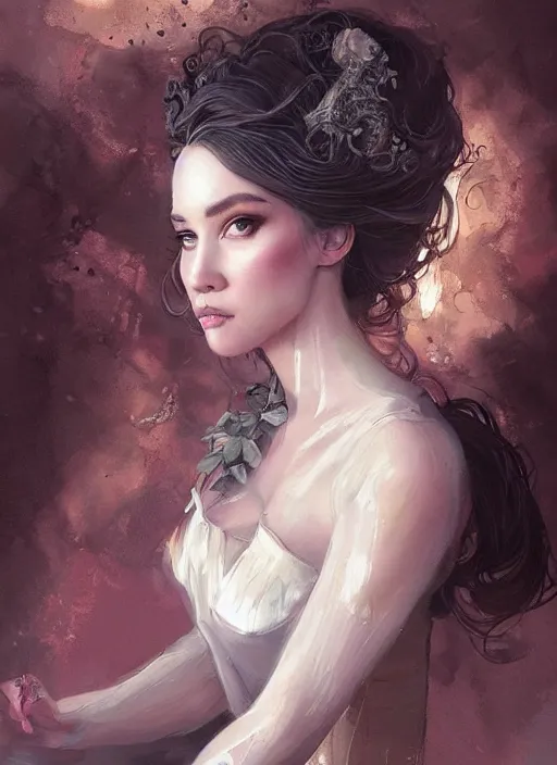 Prompt: a beautiful woman in an unusual ballgown. beautiful highly detailed face, looking directly at the viewer. painting by artgerm and greg rutkowski and magali villanueve.