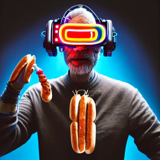 Image similar to Colour Photography of 1000 years old man with highly detailed 1000 years old face wearing higly detailed cyberpunk VR Headset designed by Josan Gonzalez Many details. Man eating higly detailed hot-dog. In style of Josan Gonzalez and Mike Winkelmann andgreg rutkowski and alphonse muchaand Caspar David Friedrich and Stephen Hickman and James Gurney and Hiromasa Ogura. Rendered in Blender