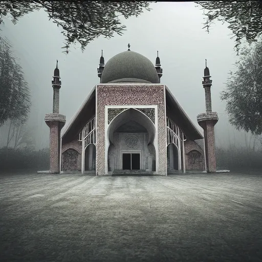 Prompt: a big mosque in a Village, horror, fog, foster, highly detailed, one house, fear, hyper realistic, atmospheric lighting