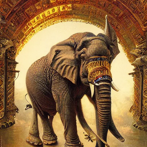 Prompt: srilankan elephant with high - teh steampunk head armour baroque style, painting by gaston bussiere, craig mullins, j. c. leyendecker, lights, art by ernst haeckel, john william godward, hammershøi,