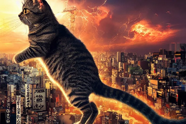 Image similar to cat attacking Tokyo, disaster movie poster, masterpiece, masterwork, cgstudio