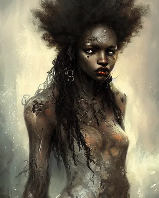 Image similar to gothic afro girl, hyper realistic face, beautiful eyes, fantasy art, in the style of greg rutkowski, intricate, hyper detailed, smooth