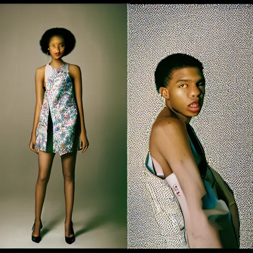 Image similar to realistic photoshoot for a new dior lookbook, color film photography, portrait of a beautiful model, in style of tyler mitchell, 35mm