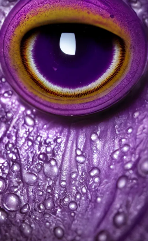 Image similar to macro shot, close-up of a purple squid eye, intricate iris, ultrarealistic, highly detailed, octane render, ray tracing