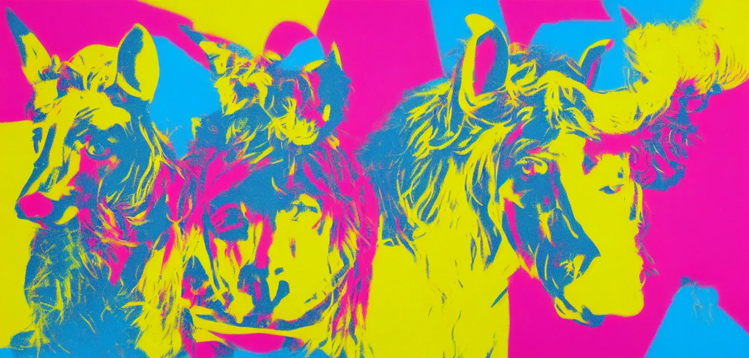 Prompt: a unicorn and a mouse on a sugar rush, colourful, bright, cheery, andy warhol, ralph goings