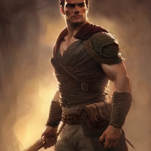 Image similar to Henry Cavill is a rugged ranger, D&D, muscular, fantasy, intricate, elegant, highly detailed, digital painting, artstation, concept art, smooth, sharp focus, illustration, art by artgerm and greg rutkowski and alphonse mucha