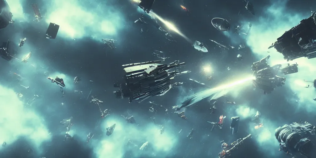 Image similar to dramatic spacecraft battle scene, sci-fi movie shot, ultra detailed, octane render, laser fire and explosions, 8k