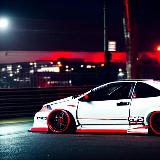 Image similar to honda civic type-r drift at illegal car meet, shibuya prefecture, midnight mist streetlights, color grade, photorealistic, highly detailed wheels, highly detailed