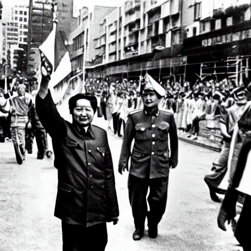 Prompt: mao zedong in a pride parade, photography, street,