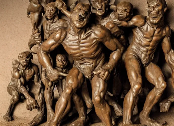 Prompt: a full figure rubber sculpture of a group of fighting goblins, by Michelangelo, dramatic lighting, rough texture, subsurface scattering, wide angle lens