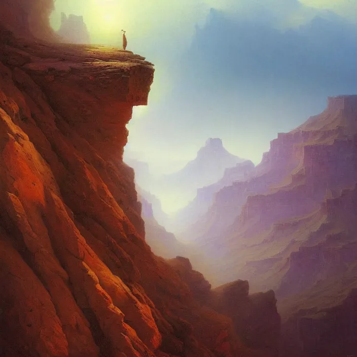 Image similar to a beautiful painting of a grand canyon by ivan aivazovsky and zdzisław beksinski and rene magritte and greg rutkowski, in style of digital art. hyper detailed, sharp focus, soft light. octane render. ray tracing. trending on artstation