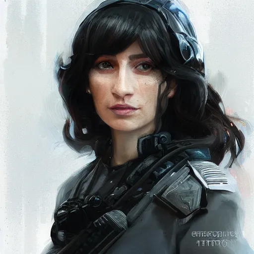 Image similar to Portrait of a woman by Greg Rutkowski, she is about 30 years old, black wavy hair with bangs, her features are a mix between French, Turkish and Russian, younger sister vibes, she is wearing a futuristic police gear, highly detailed portrait, digital painting, artstation, concept art, smooth, sharp foccus ilustration, Artstation HQ.